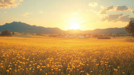 Sunset over a meadow with yellow flowers and mountains in the backgroundの素材
