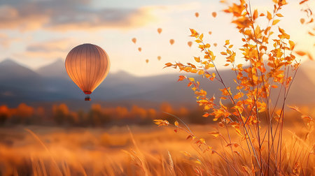 Hot air balloon flying over the autumn meadow at sunset. 3d renderingの素材