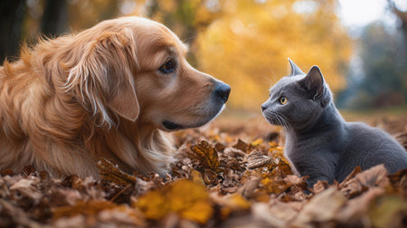 Cat and dog in the autumn park. Golden Retriever and gray cat.の素材