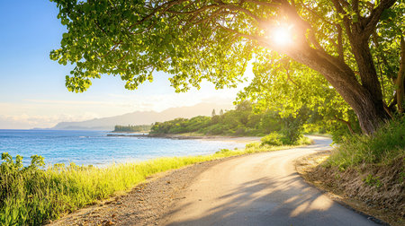 Beautiful seascape with road and green trees at sunny dayの素材