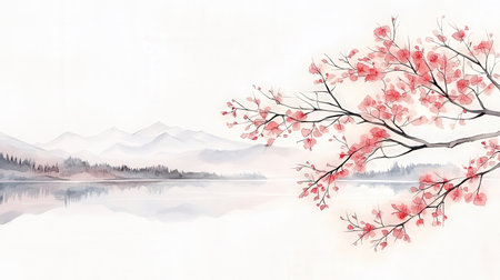 cherry blossom background with mountains, watercolor painting on paperの素材