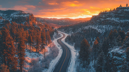 Aerial view of winter road in the mountains at sunset. Beautiful winter landscape.の素材