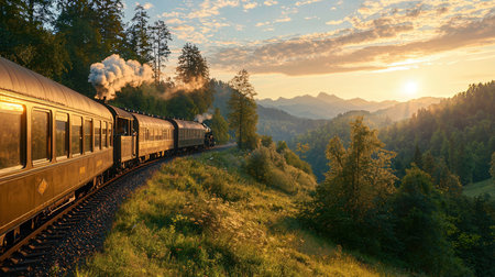 The old steam locomotive on the background of mountains at sunset.の素材