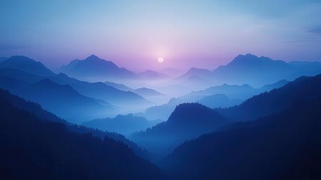 Sunset over the mountains. Landscape of foggy mountains.の素材