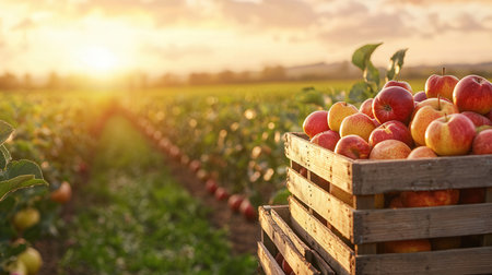 Ripe red apples in a wooden box on the background of an apple orchardの素材
