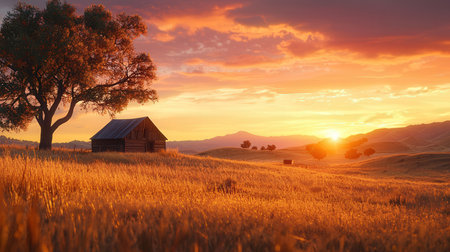 Sunset in the mountains with a barn and trees on the foregroundの素材