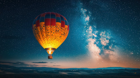 Colorful aerostat flying high in sky at night. Mixed mediaの素材