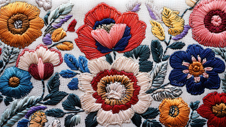 Colorful embroidery on a white background close-up.の素材