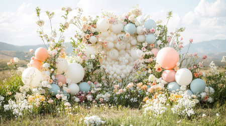 Beautiful wedding arch decorated with colorful balloons and flowers on the meadowの素材