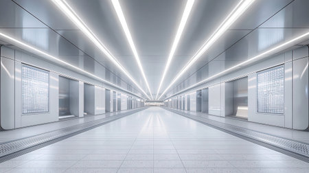 3D rendering of a corridor in a modern office building with lightsの素材