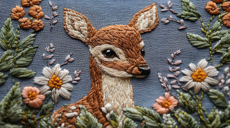 Cute little fawn on the background of embroidery.の素材