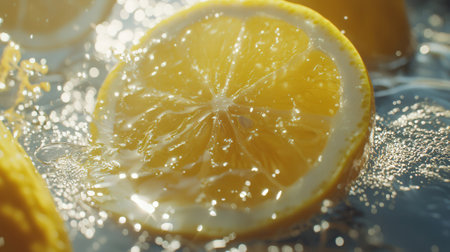 lemon slice in water with splashes, close-up.の素材