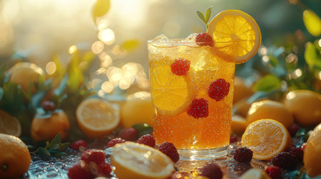 Refreshing lemonade with raspberries, lemon and mint in a glass on a natural backgroundの素材