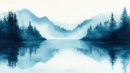 Foggy mountain lake with coniferous forest and reflection in waterの素材