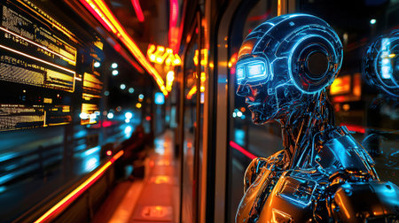 3D rendering of a robot in a bus at night with neon lights.の素材