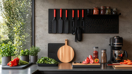 Modern kitchen interior with black wooden countertop and black cooking utensilsの素材