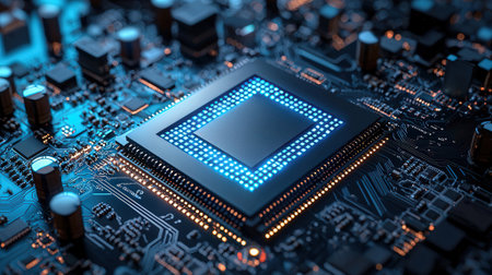 Close-up view of a modern GPU card circuit. 3D renderingの素材