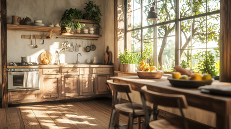 Kitchen interior with wooden furniture and kitchenware in the morning lightの素材