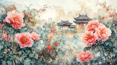 Chinese traditional architecture landscape painting on canvas with pink peony flowers.の素材