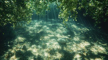 Underwater view of the seabed with sunbeams and algaeの素材