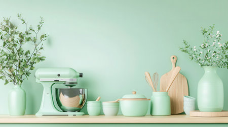 Kitchen utensils on green wall background. 3d renderingの素材