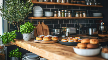 Close-up of freshly baked donuts on wooden shelf in modern kitchenの素材
