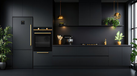 Black modern kitchen interior with black walls, dark wooden floor, black cupboards and black countertops. 3d renderingの素材