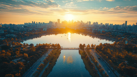 Aerial view of a lake in a city park at sunset, Chinaの素材