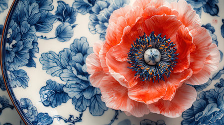 Beautiful red poppy on a blue and white porcelain plateの素材