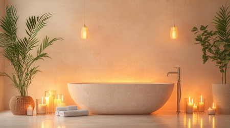 Bathroom interior with bathtub, candles and plants - 3D renderingの素材
