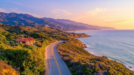 Aerial view of the road leading to the sea at sunset.の素材