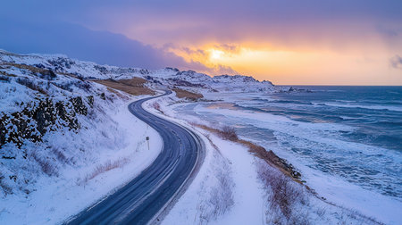 Icelandic winter landscape with snow covered road and mountains at sunsetの素材