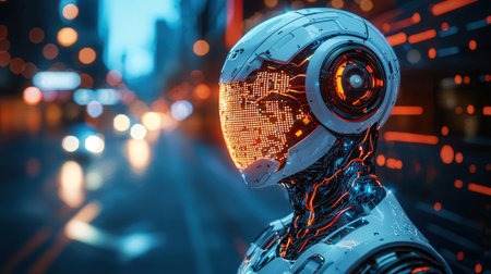 3d rendering humanoid robot in the city at night,concept of artificial intelligenceの素材