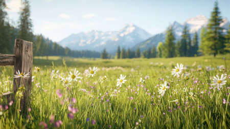Wooden fence in a meadow with wildflowers and mountains in the backgroundの素材