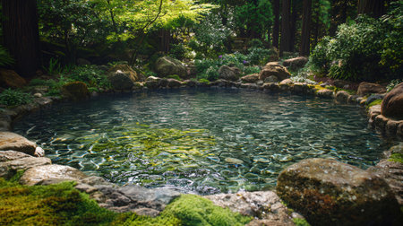 Japanese garden with pond in the middle of the forest. Japanese gardenの素材
