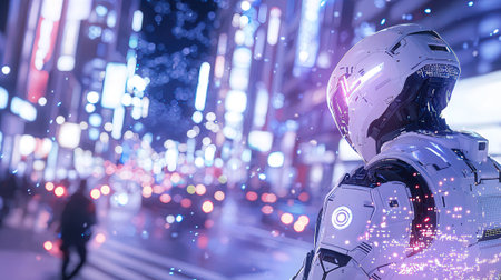 3d rendering humanoid robot in city at night with lights and reflectionsの素材