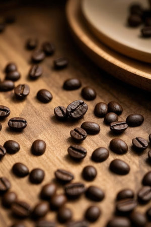Coffee beans on wooden background. Close-up image.の写真素材