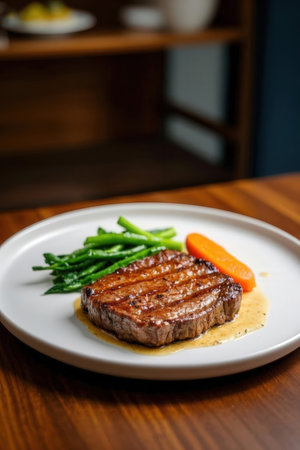 grilled beef steak with green beans and carrot on white plateの写真素材