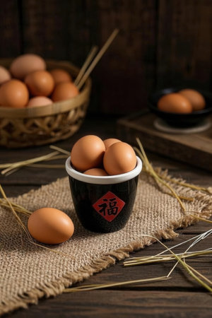 Eggs in a black bowl on a wooden table. Wooden background.の写真素材