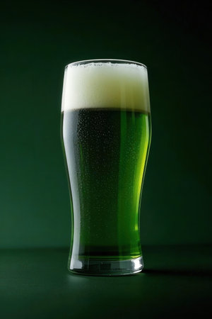 Glass of beer on a dark green background, close-up.の写真素材