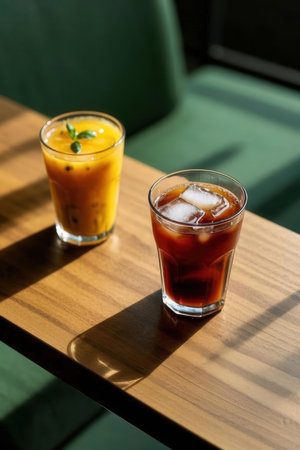 Iced coffee with ice on wooden table in coffee shop, stock photoの写真素材