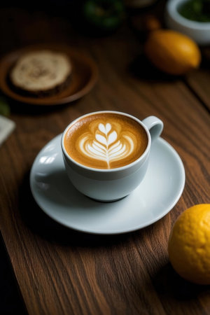 Latte art coffee in white cup on wooden table, stock photoの写真素材