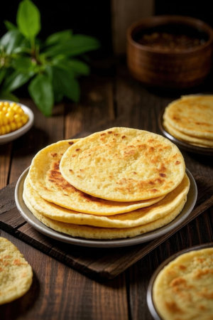 Thin pancakes with corn on a wooden background. Selective focus.