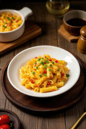 Tasty appetizing classic Italian pasta with a delicious sauce and cheese.の写真素材