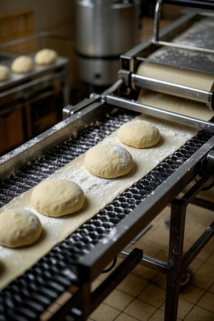 Bread dough on a conveyor belt in a bakery. Selective focus.
