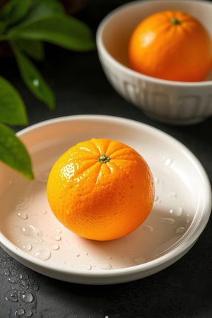 Fresh ripe tangerines in bowl on gray table, closeupの写真素材
