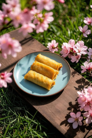 Crispy spring rolls with sakura cherry blossoms on backgroundの写真素材