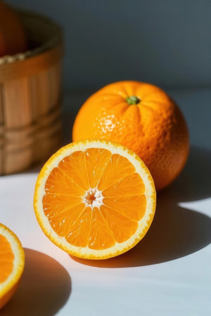 Fresh orange fruit on white background with hard shadow. Selective focus.