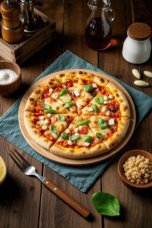 Pizza with mozzarella, tomato and basil on wooden tableの写真素材