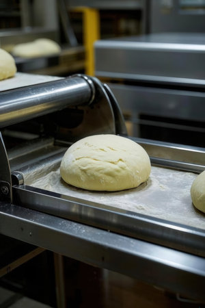 Bread dough on a conveyor belt in a bakery factory.